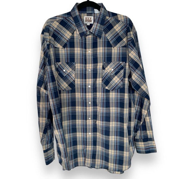 Vintage Ely Cattleman Blue Tan Plaid XL Long Sleeve Western Pearl Snap Shirt - Picture 1 of 3